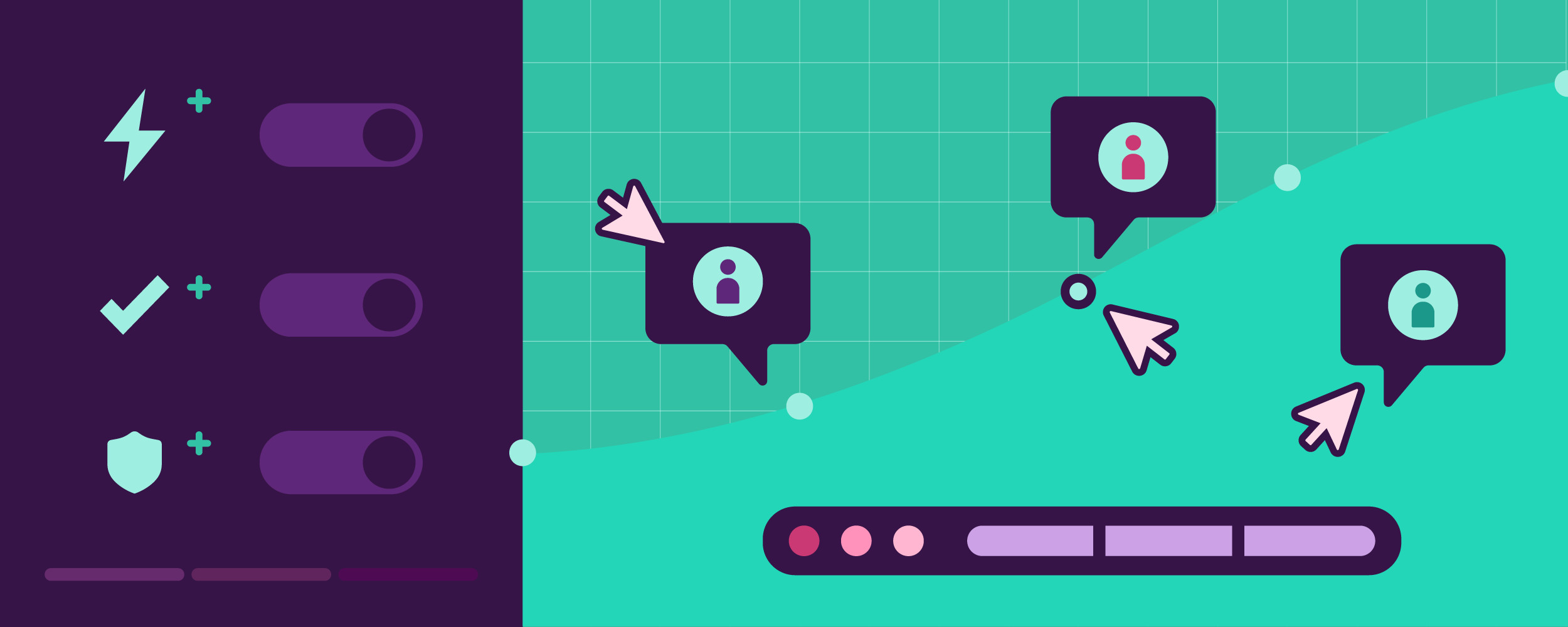 Illustration: Three mint green icons with plus signs and three purple toggle buttons are switched on next to a graph charting three purple chat boxes with multicolored silhouettes of people trending upward signaling Ally's digital transformation. 