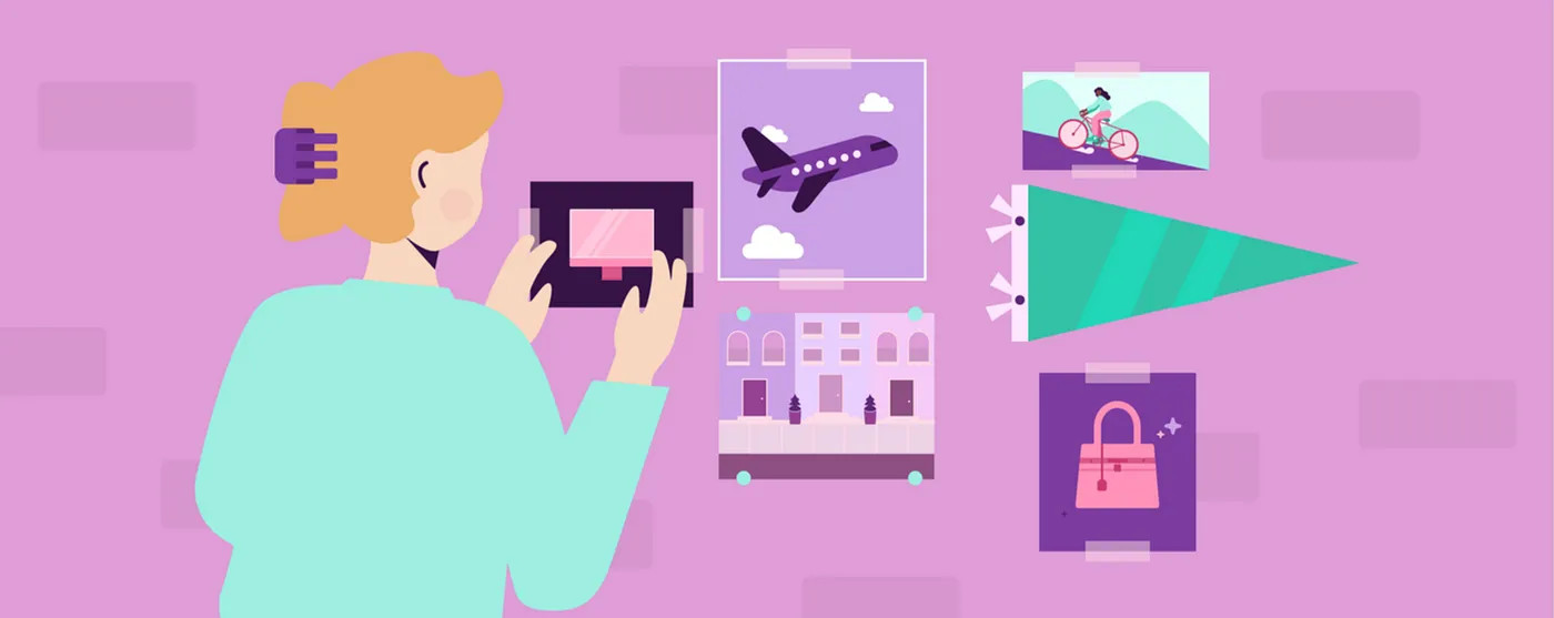 Illustration: On a pink background, a woman wearing a mint green shirt and a purple clip in her hair looks at a wall of various multicolored posters, pictures and pennants - visuals of different things she wants to do or buy in the future. 