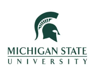 Illustration: Michigan State University logo in dark green with a Spartan helmet.