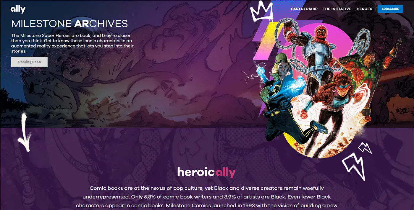 Illustration: Screenshot of Ally's "HeroicALLY" website featuring DC Comics characters and similar graphics in the background. 