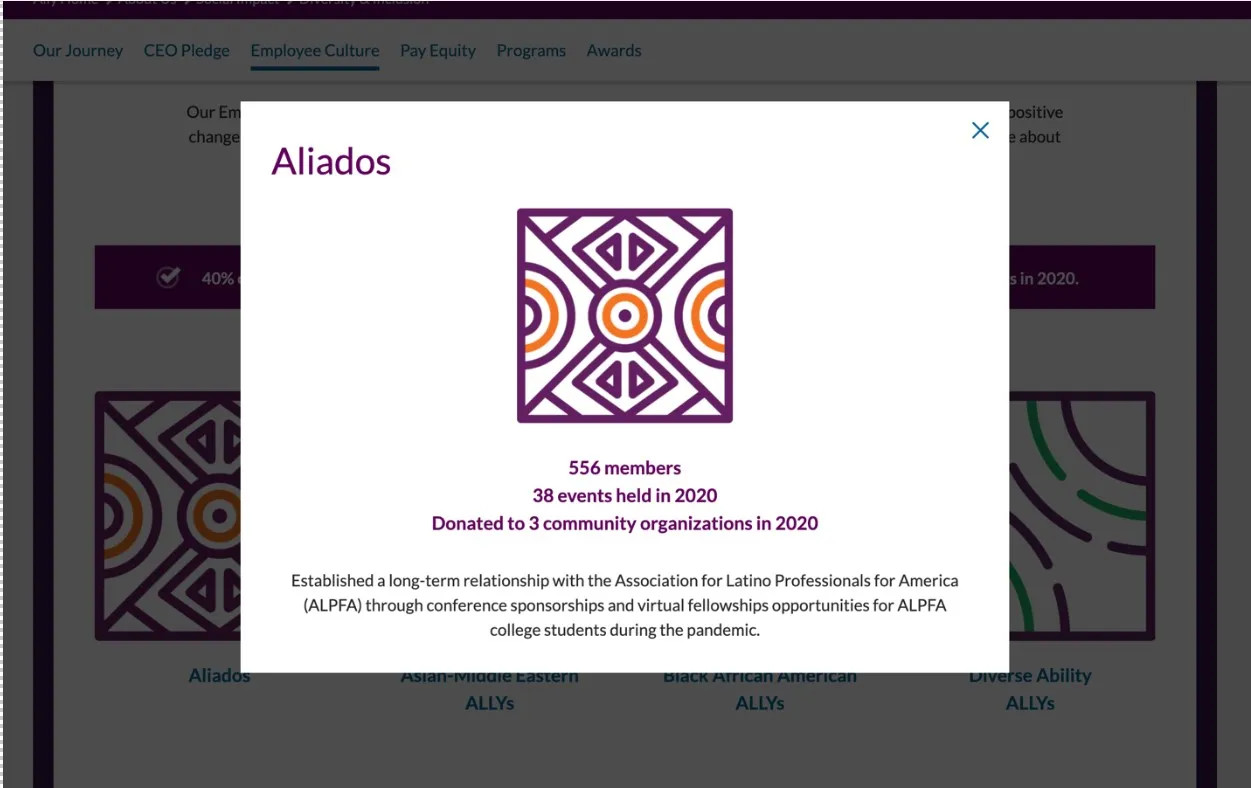 Illustration: Modal screenshot of one of Ally's Employee Resource Groups, or ERGs, with its corresponding icon and description. In this case, it's for Aliados, an ERG partnered with the Association for Latino Professionals for America or ALPFA. 