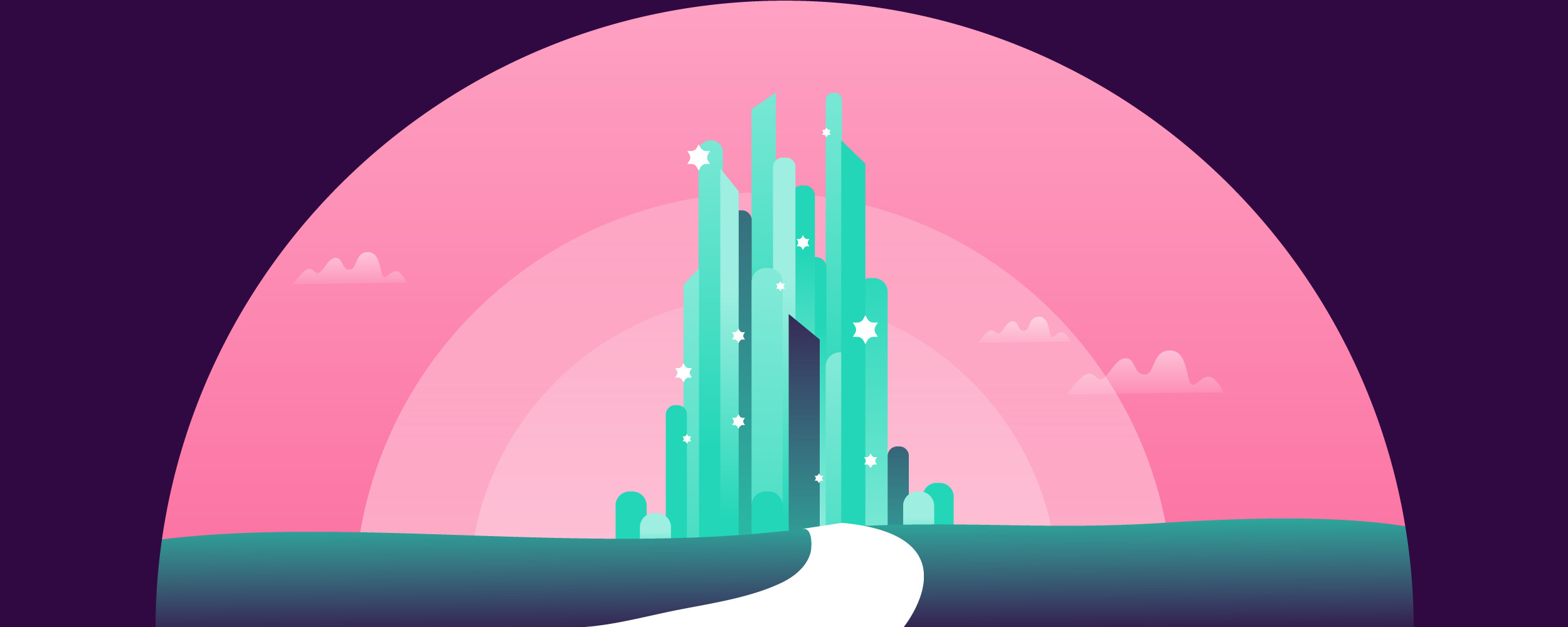 Illustration: A white road leads to a mint green "Emerald City" on a pink sky with clouds as a picturesque way of telling the story of Ally using Wizard of Oz screen reader usability testing to remove bias. 