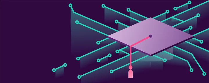 Illustration: A purple graduation cap with a hot pink tassel sits on top of a series of mint green lines and dots in a technological pattern celebrating Ally's partnerships with universities to iterate on innovation.