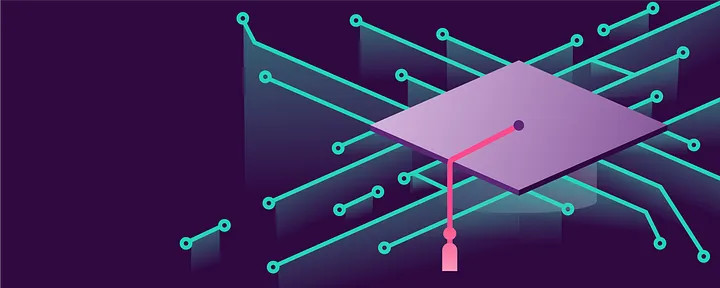 Illustration: A purple graduation cap with a hot pink tassel sits on top of a series of mint green lines and dots in a technological pattern celebrating Ally's partnerships with universities to iterate on innovation. 