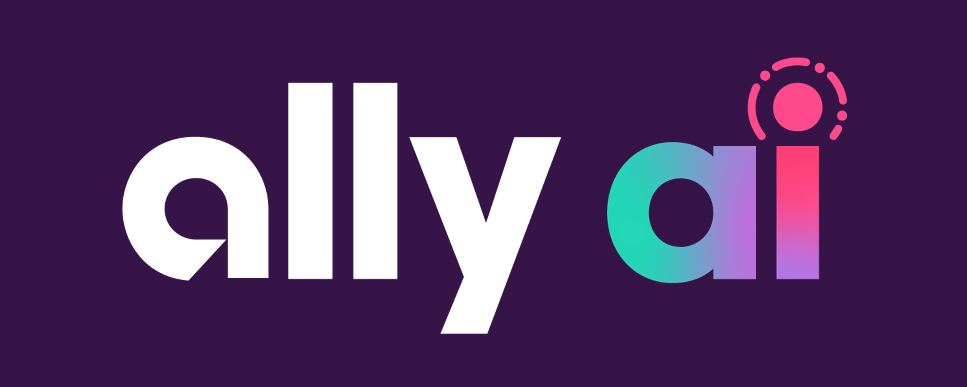 Illustration: Ally.ai brand logo with "ally" in white and "ai" in a multicolored ombre style. The "I" is dotted with a hot pink circle with lines and dots around it.