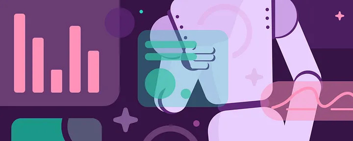 Illustration: A light purple robot body sits on a dark purple background with multicolored icons, stars and circles to visualize Ally's journey to apply artificial intelligence, machine learning, and automation. 