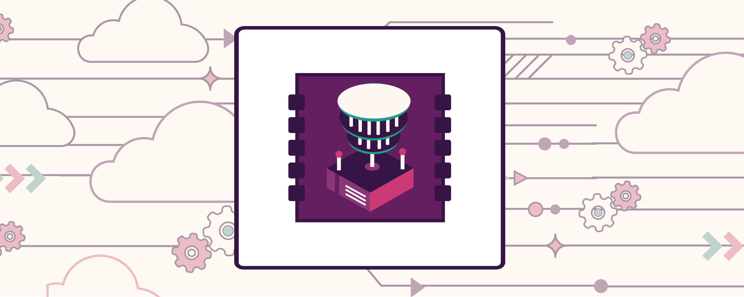 Illustration: Multicolored gears are connected to clouds by dark purple lines and arrows on a light pink background. A multicolored computer gear sits on a dark purple computer chip outlined within a large white box with a dark purple border to tell the story of Ally's early exploration of quantum computing. 