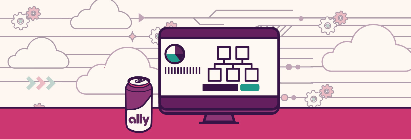 Illustration: Multicolored gears are connected to clouds by dark purple lines and arrows on a light pink background. A dark purple computer monitor showing multicolored pie and hierarchy charts sits on a pink table next to a dark purple and white soda can with the Ally logo, a subtle nod to Ally's open-sourcing "Soda" test automation framework.