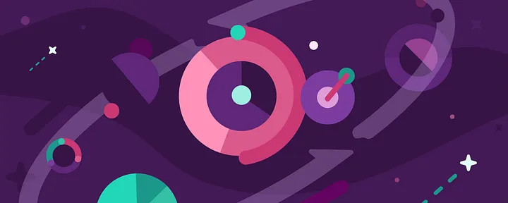 Illustration: Multicolored circles and stars orbit around a bright pink and purple center circle on a purple galaxy background paint the picture of Ally's approach to data-centric artificial intelligence, or AI.