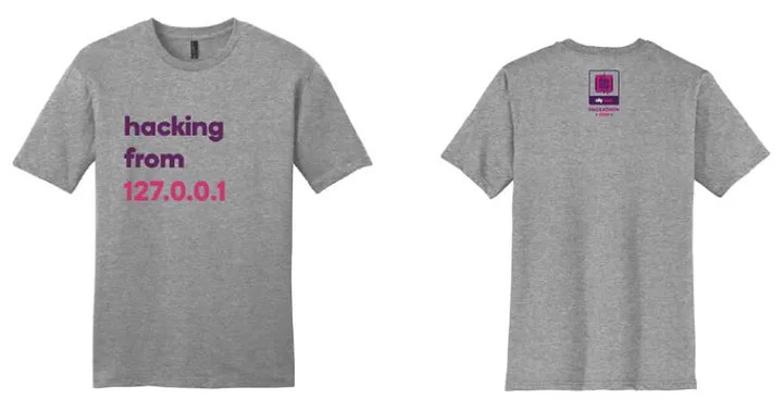 photo: The front and back of Ally's annual Hackathon shirt in heather grey with "hacking from 127.0.0.1" in purple and pink on the front and the Hackathon logo on the back.