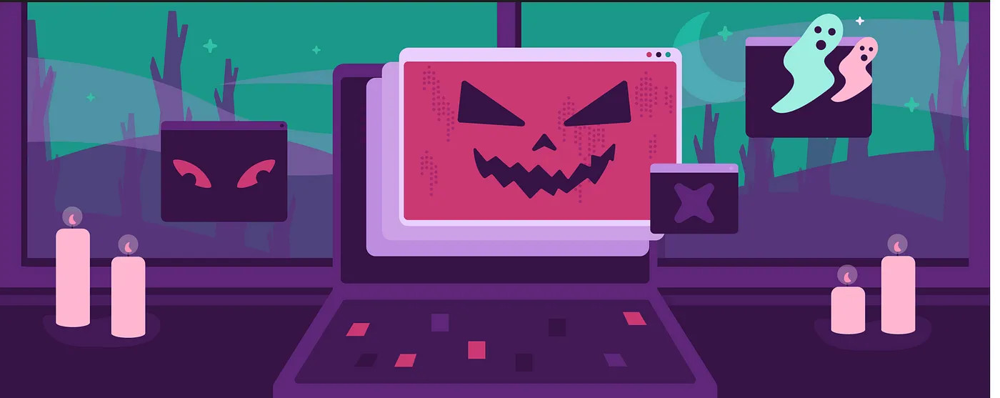 Illustration: A spooky scene of lit candles, website tabs filled with creepy ghosts, cat eyes, and a jack-o'-lantern face and an ominous night seen through a window set the stage for this feature on October being Cybersecurity Awareness Month.