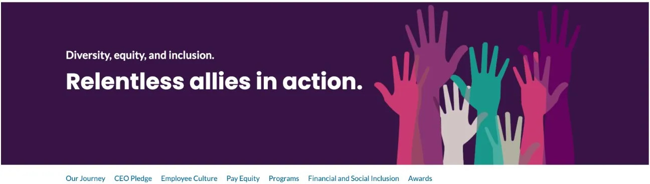 Illustration: Screenshot of Ally's DE&I website including a header that reads "Diversity, equity, and inclusion. Relentless allies in action." with multicolored hands on a dark purple background. 