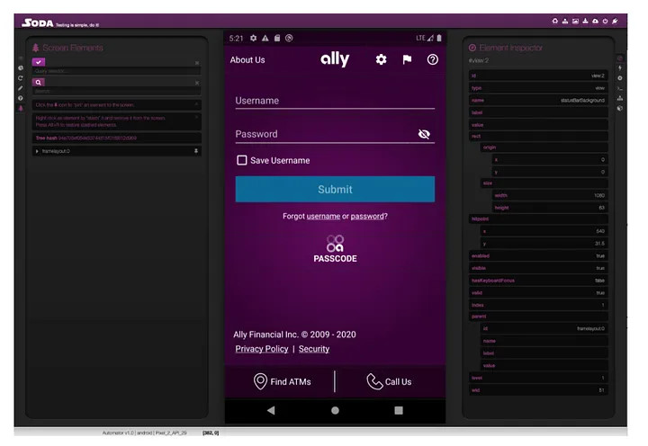 Illustration: Screenshot of Ally's Soda platform with the mobile app login page in the middle.