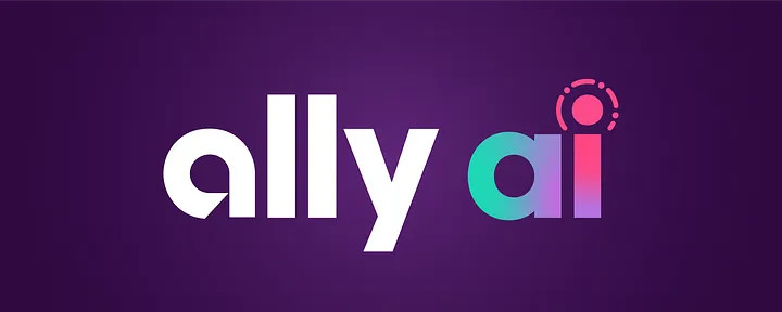 Illustration: Ally's AI brand logo with "ally" in white and "ai" in a multicolored ombre style sits on a purple background. The "I" is dotted with a hot pink circle with lines and dots around it.