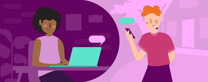 Illustration: A woman dressed in pink and purple sits at a table on her mint green laptop communicating with another person on a cell phone showing how tech solutions can help you deliver solutions from afar.