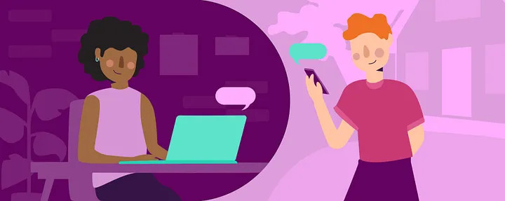 Illustration: A woman dressed in pink and purple sits at a table on her mint green laptop communicating with another person on a cell phone showing how tech solutions can help you deliver solutions from afar. 