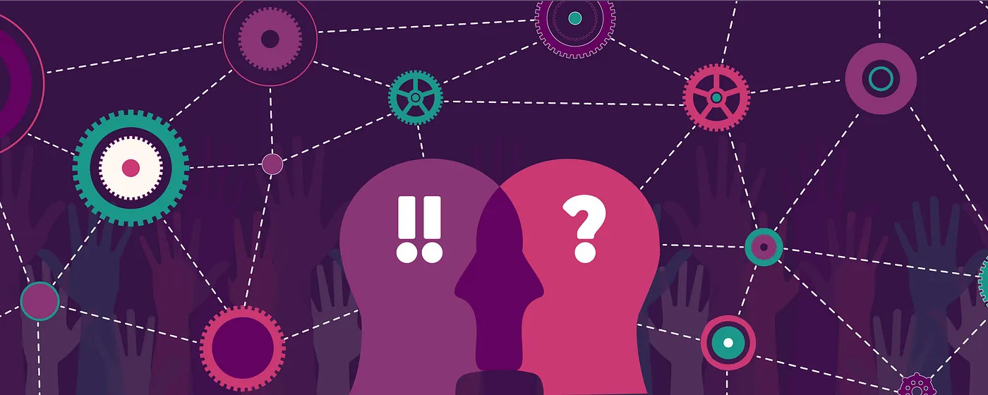 Illustration: Multicolored gears connected by dotted light pink lines surround two face silhouettes on a dark purple background with multicolored raised hands symbolizing Ally's commitment to diversity, equity, and inclusion.