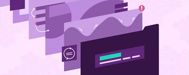 Illustration: A series of purple website screens with various graphs and icons sits on a light pink honeycomb background symbolizing Ally's use of engineering to reduce cognitive load.