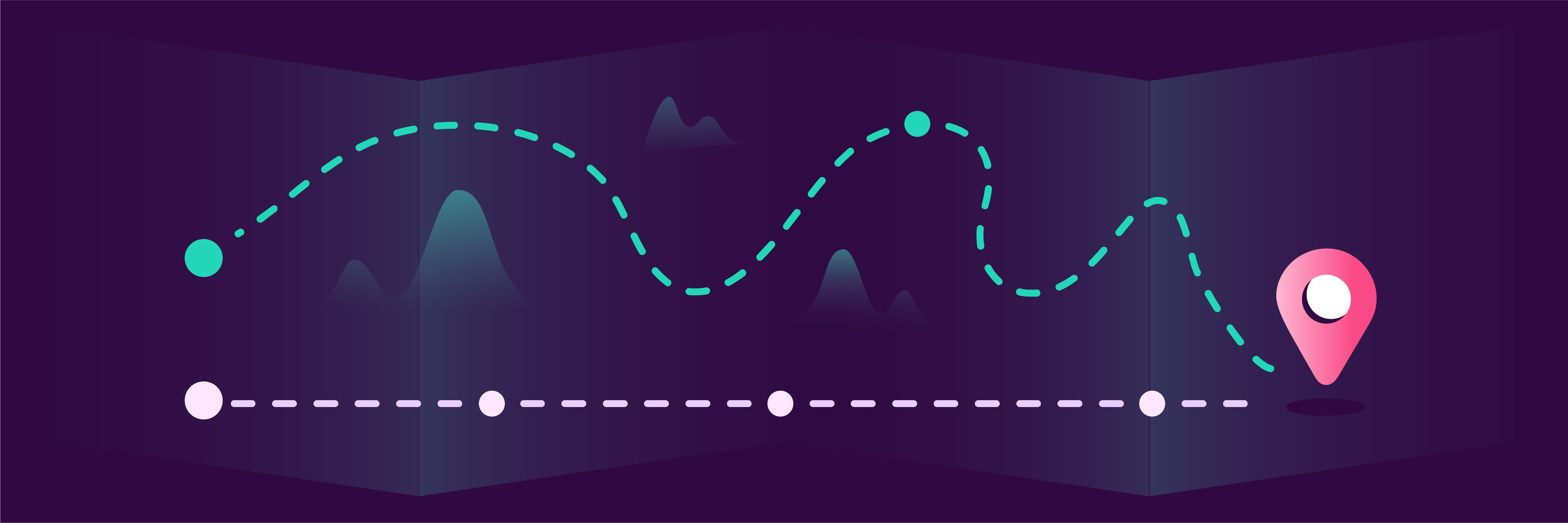 Two dotted line paths with one linear and the other non-linear. Both end at at the same location.