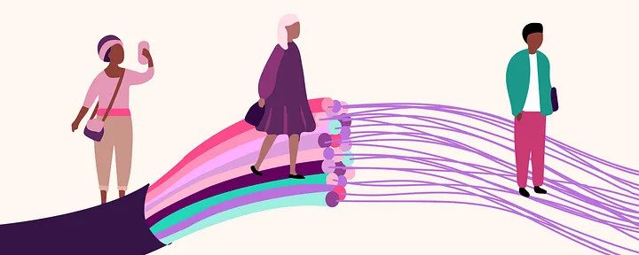 Illustration: Three people in multicolored clothes walk across a bridge made up of multicolored cables illustrating digital equity and inclusion for all.  