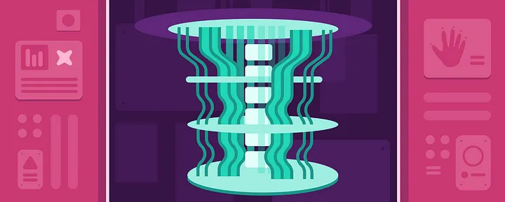 Illustration: Mint green vertical lines and horizontal circles come down from a dark purple tube. Hot pink computer panels sit on either side of the vortex nodding toward Ally's approach to quantum computing. 