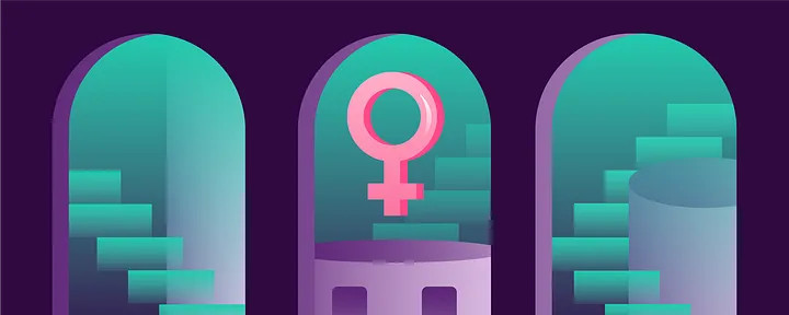 Illustration: Three mint green staircases sit behind three purple archways. A hot pink circle with a cross below it floats above the middle staircase - a metaphor for supporting and advancing women in technology. 