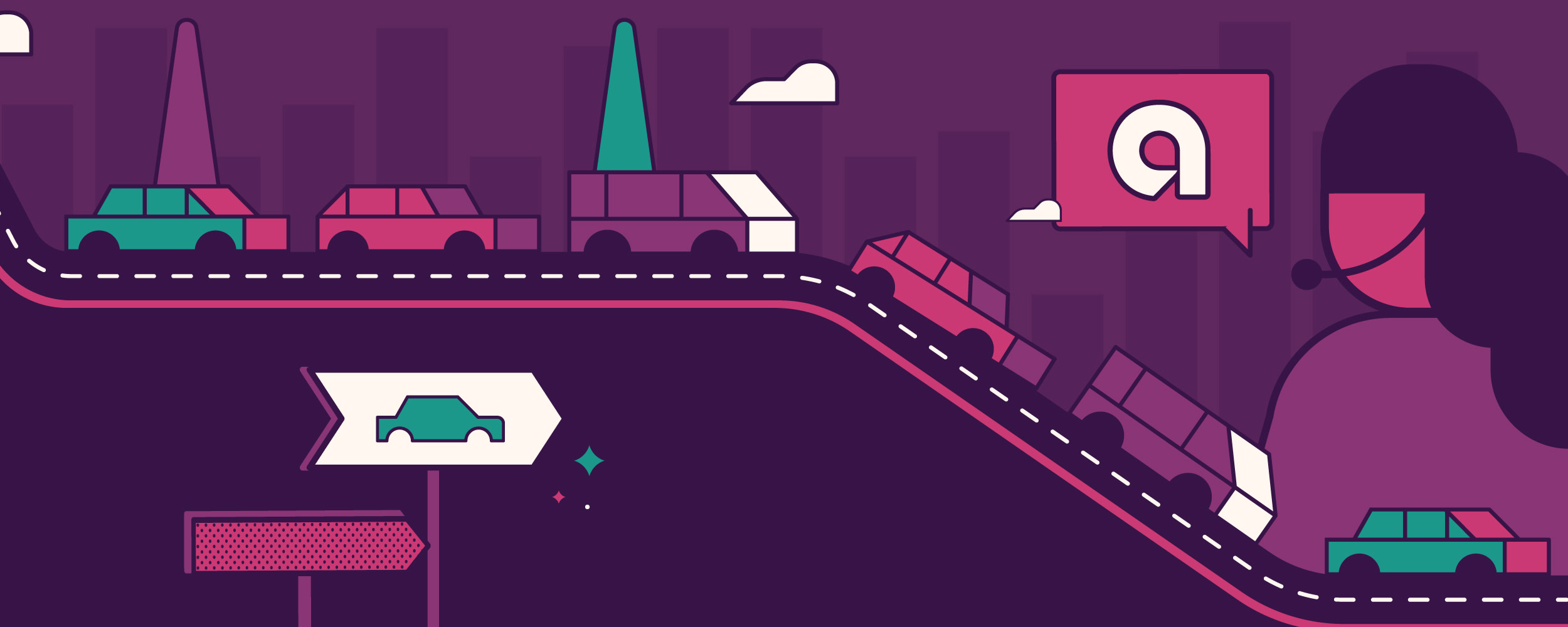 Illustration: On a purple background with tall buildings white clouds, mint and pink, pink and purple, and purple and white vehicles travel down a road toward an Ally service team member ready to help customers in their auto financing journeys.