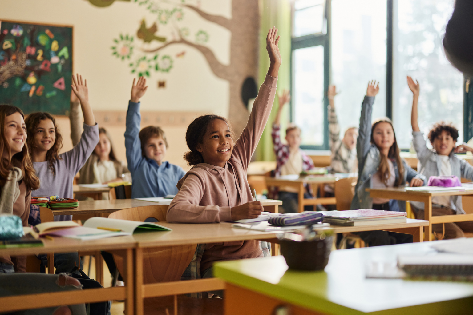 Students raising their hands in the classroom.