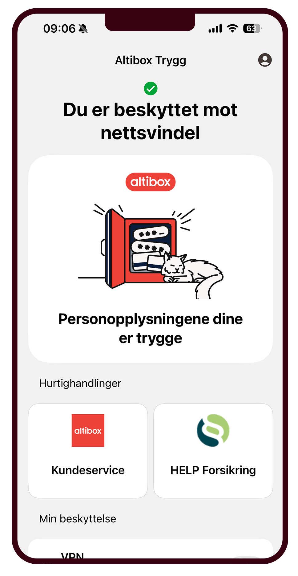 Altibox Trygg-appen viser at brukeren er beskyttet mot nettsvindel. Skjermdump.