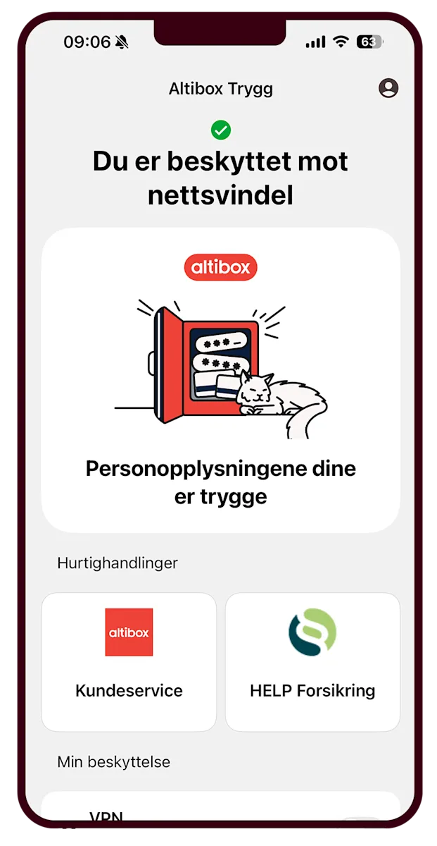 Altibox Trygg beskyttet Altibox Trygg-appen viser at brukeren er beskyttet mot nettsvindel. Skjermdump.