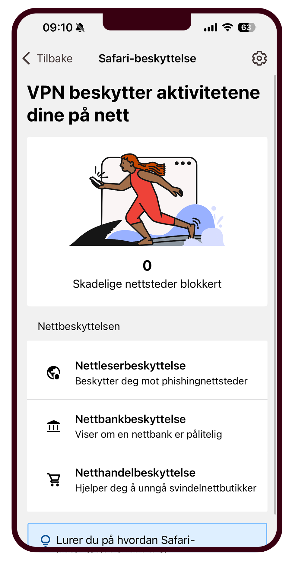 Altibox Trygg-appen som viser at VPN-beskyttelse er aktivert. Skjermdump.