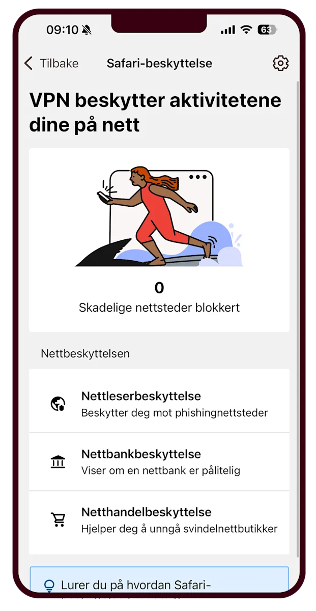 Altibox Trygg VPN-beskyttelse Altibox Trygg-appen som viser at VPN-beskyttelse er aktivert. Skjermdump.