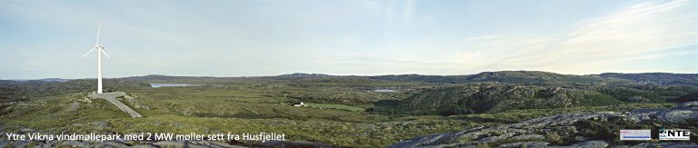 Illustrasjon av Ytre Vikna vindmøllepark med 2 MW møller sett fra Husfjellet