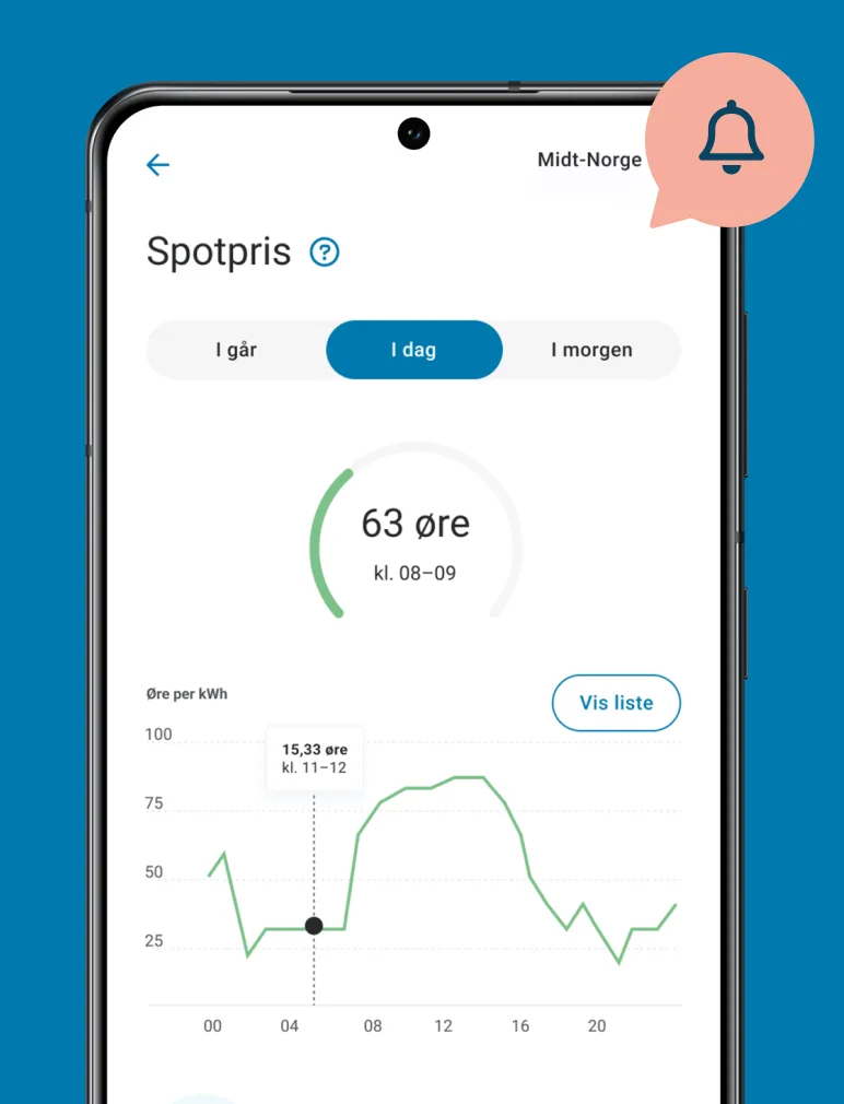 Spotpris Skjermbilde av siden "spotpris" i appen, med visning av spotpris time for time