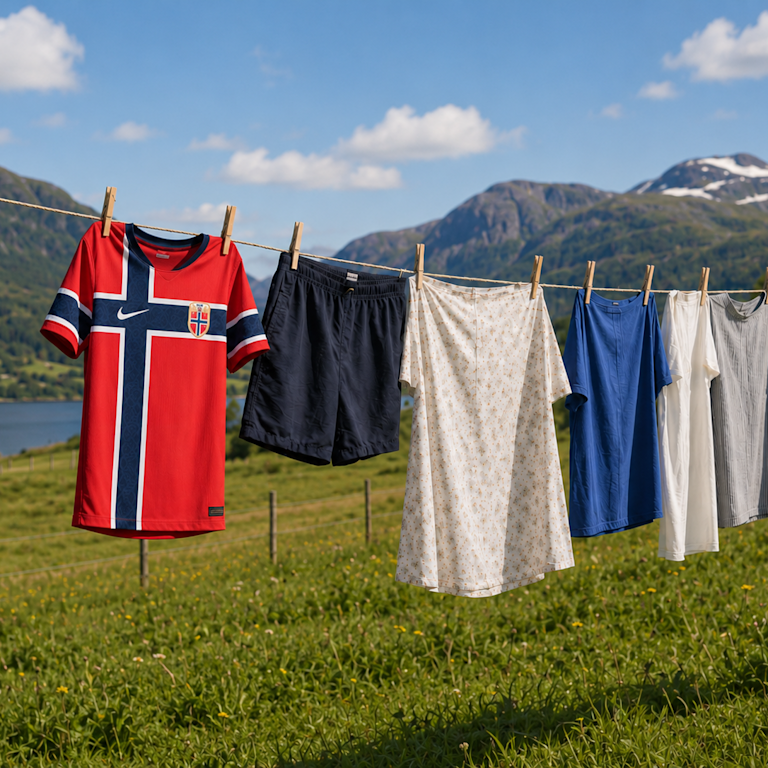 Norgeskjorte og klær som henger ute