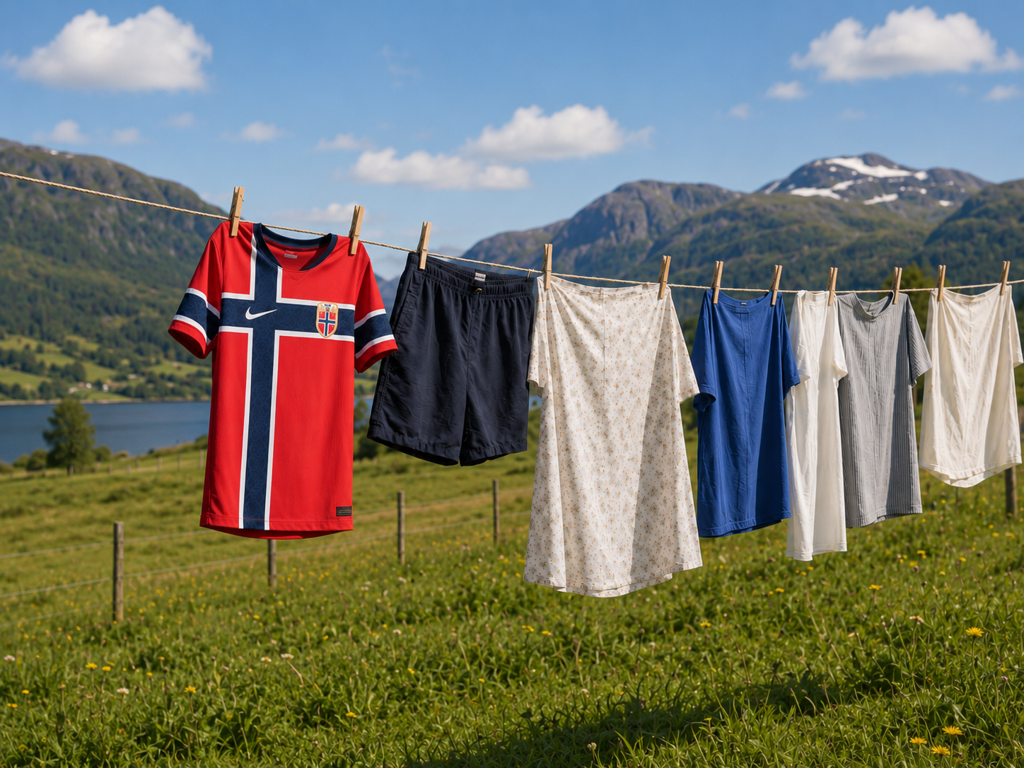 Norgeskjorte og klær som henger til tørk ute