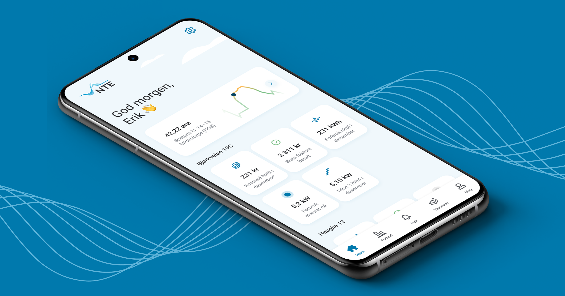 Bildet viser skjermene en smarttelefon som viser forsiden i appen Mitt NTE. Der kan du blant annet se hvor mye spotprisen, hvor mye strøm du har brukt og hvilket trinn du ligger på med tanke på nettleien.