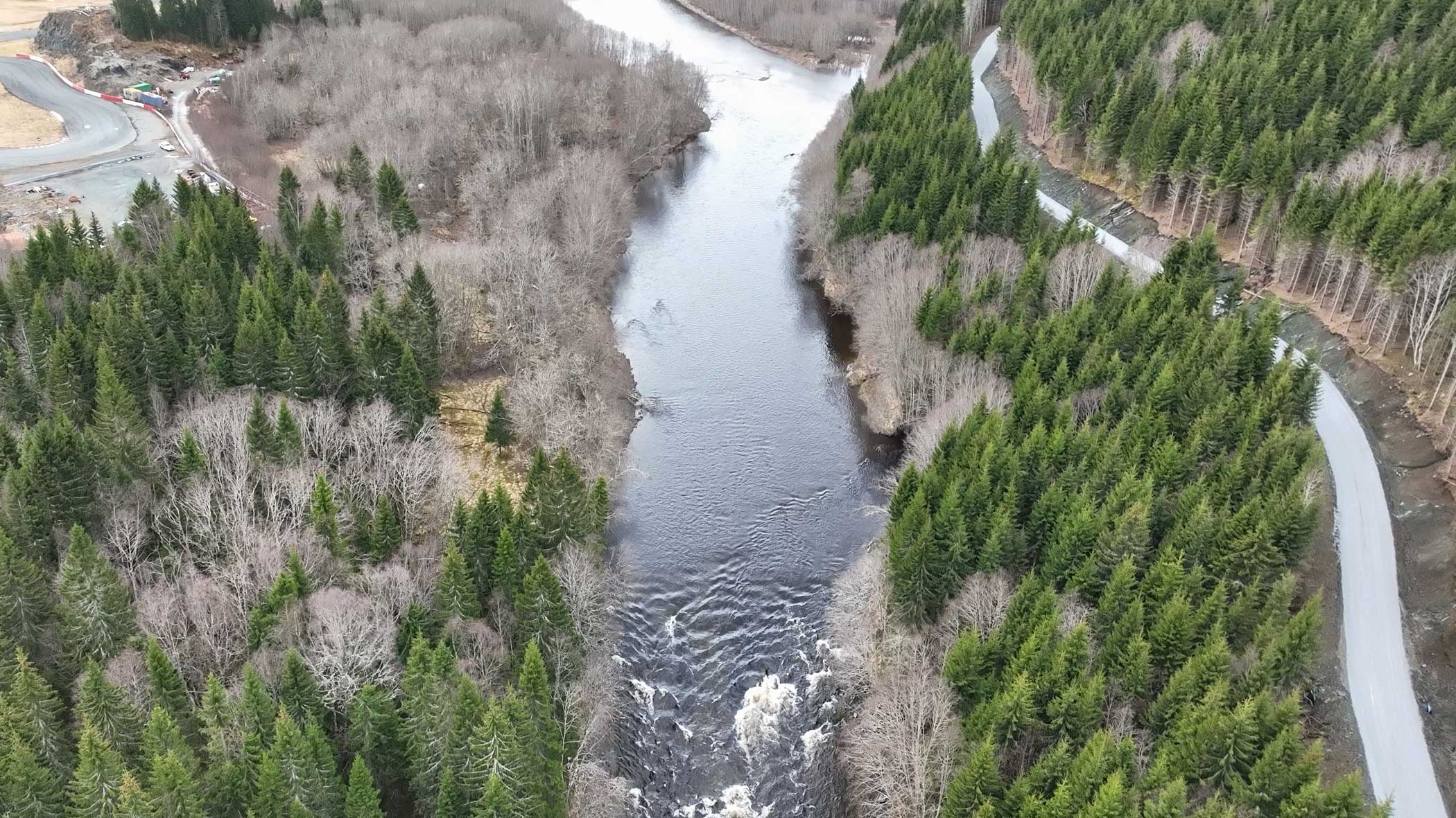 Dronebilde av en elv omkranset av skog