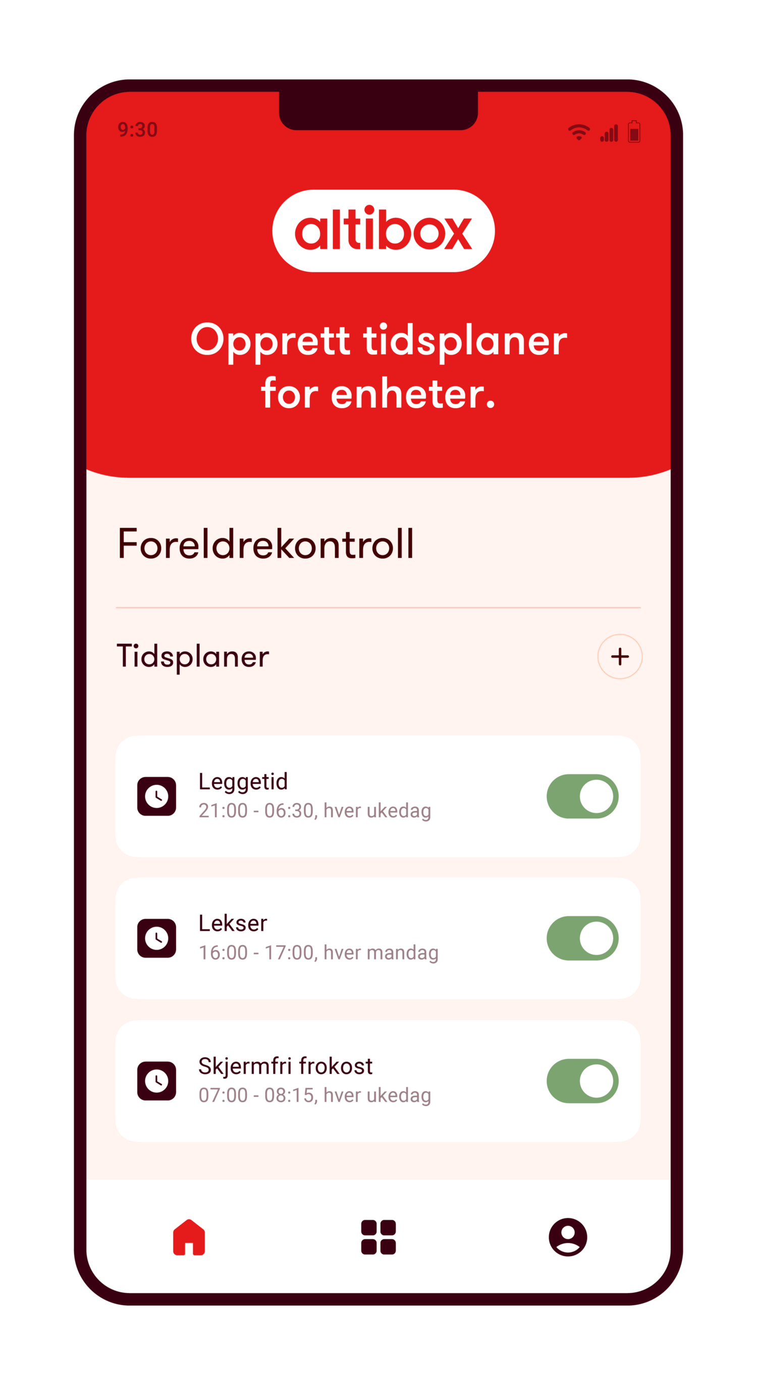 Skjermbilde fra Altibox Hjem-appen som viser oppsett av foreldrekontroll-funksjonen.