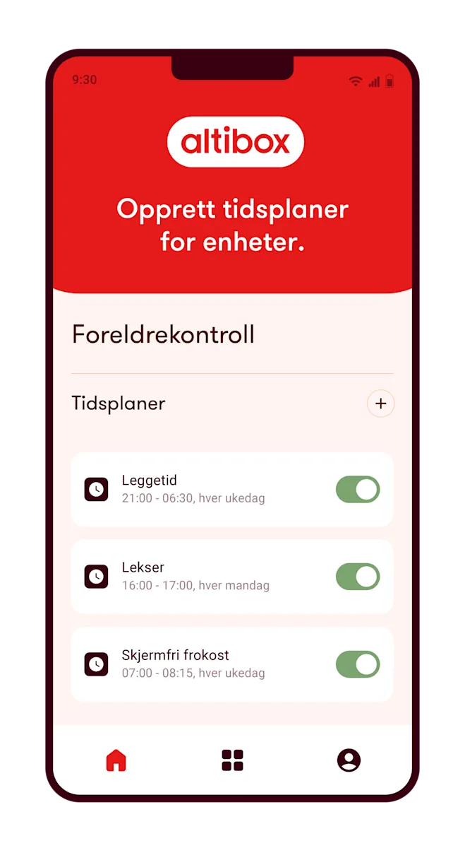 Altibox Hjem foreldrekontroll Skjermbilde fra Altibox Hjem-appen som viser oppsett av foreldrekontroll-funksjonen.