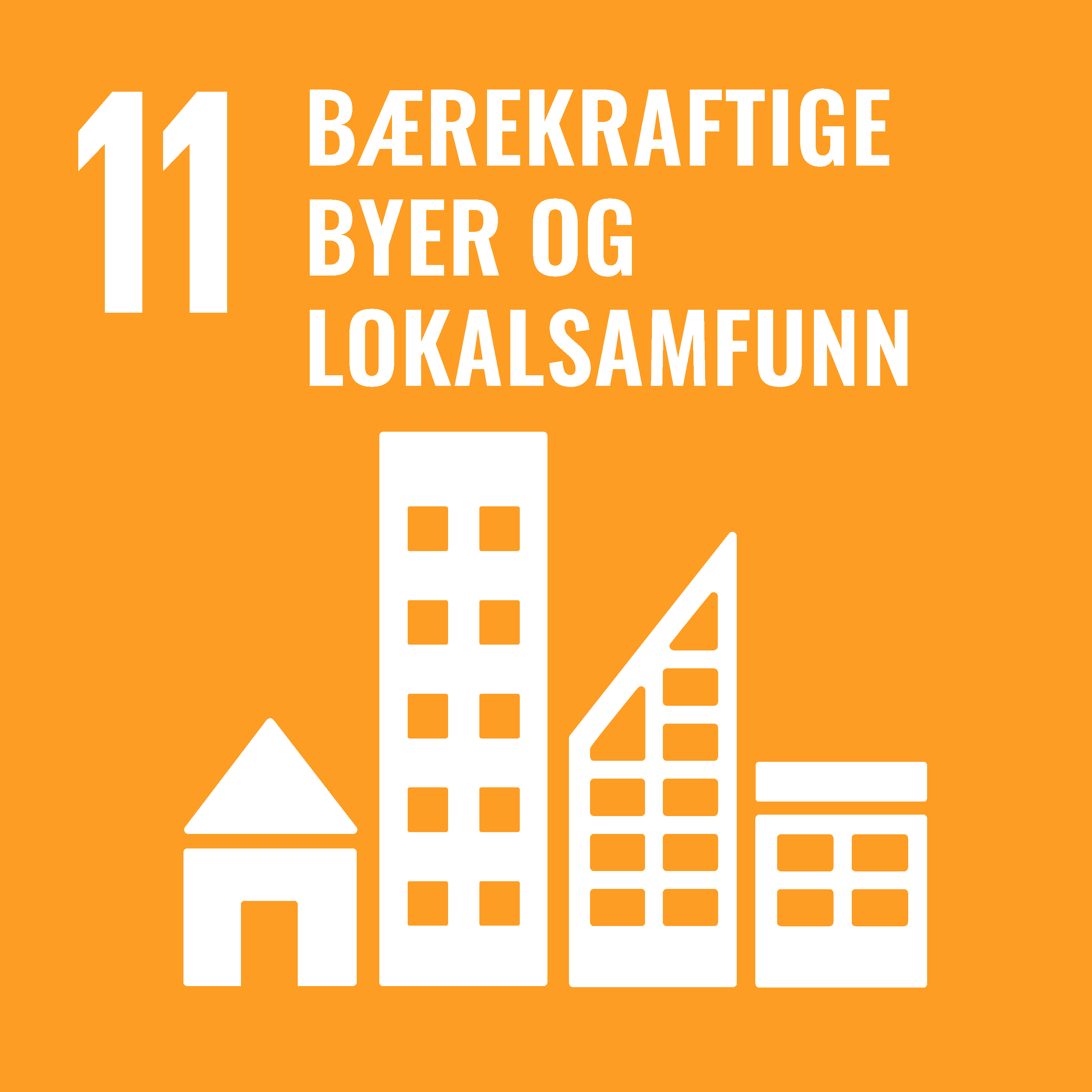 Illustrasjonen viser FNs bærekraftsmål nummer 11 - Bærekraftige byer og lokalsamfunn