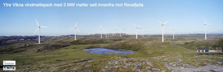 Illustrasjon av Ytre Vikna vindmøllepark med 3 MW møller sett innenfra mot Revafjella