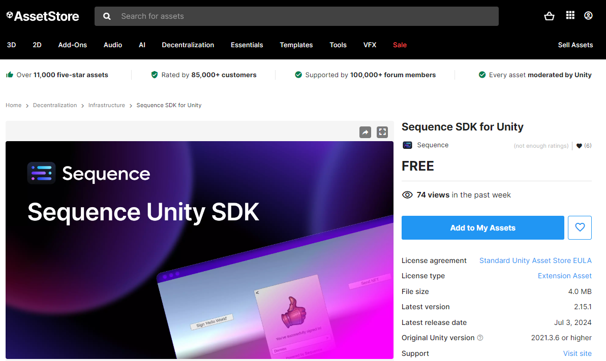 Sequence SDK for Unity on Unity Asset Store