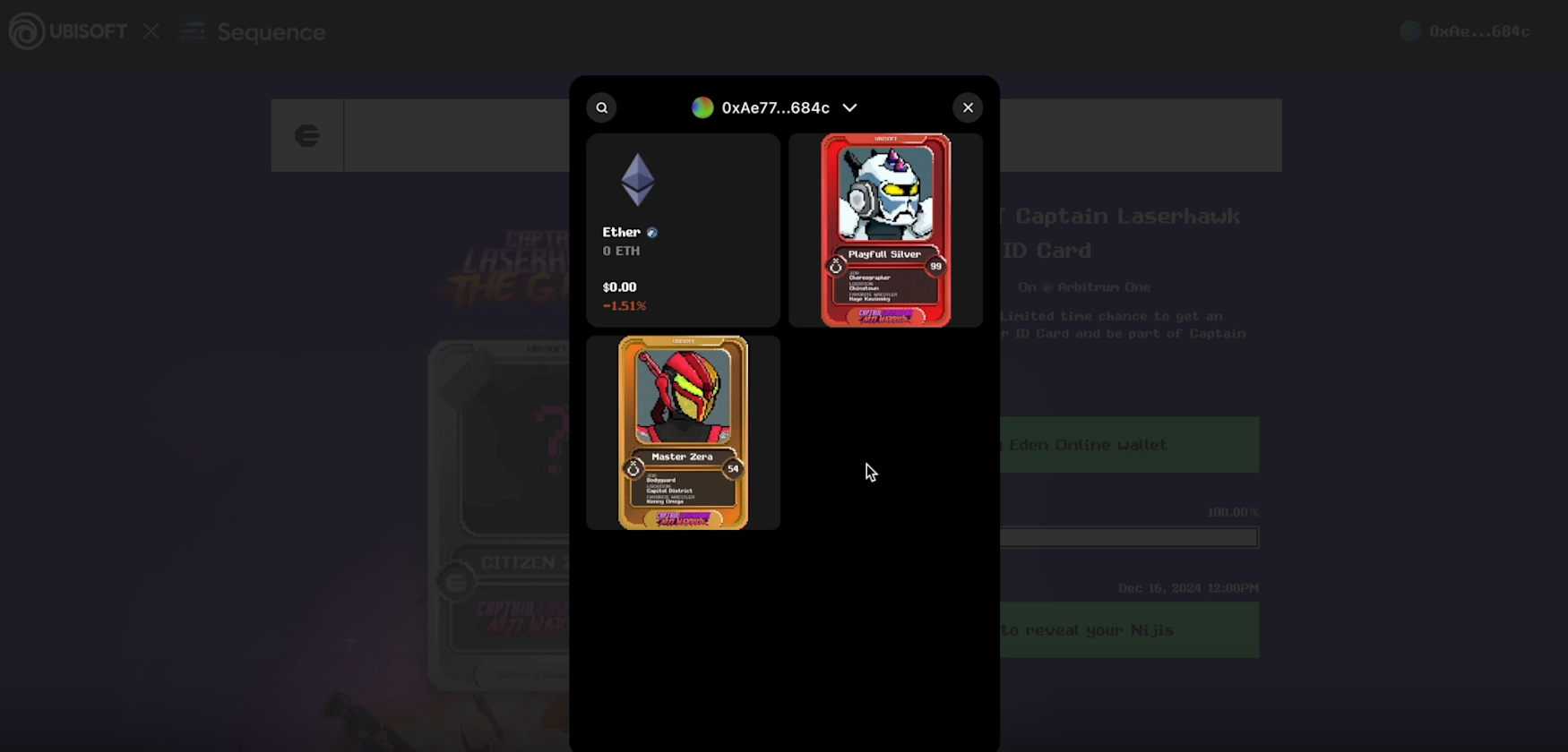 Sequence Ecosystem Wallet showing in-game NFTs from Ubisoft’s Captain Laserhawk: The G.A.M.E.
