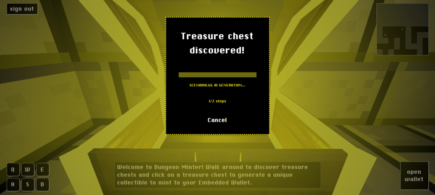 Sequence Dungeon Minter - Treasure chest unlocked and Scenario’s GenAI content creation engine API used