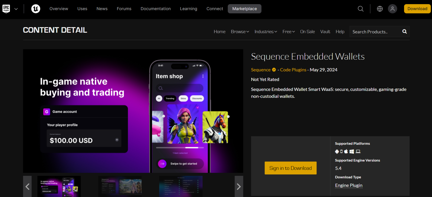 Sequence Embedded Wallet SDK page on Unreal Engine Marketplace