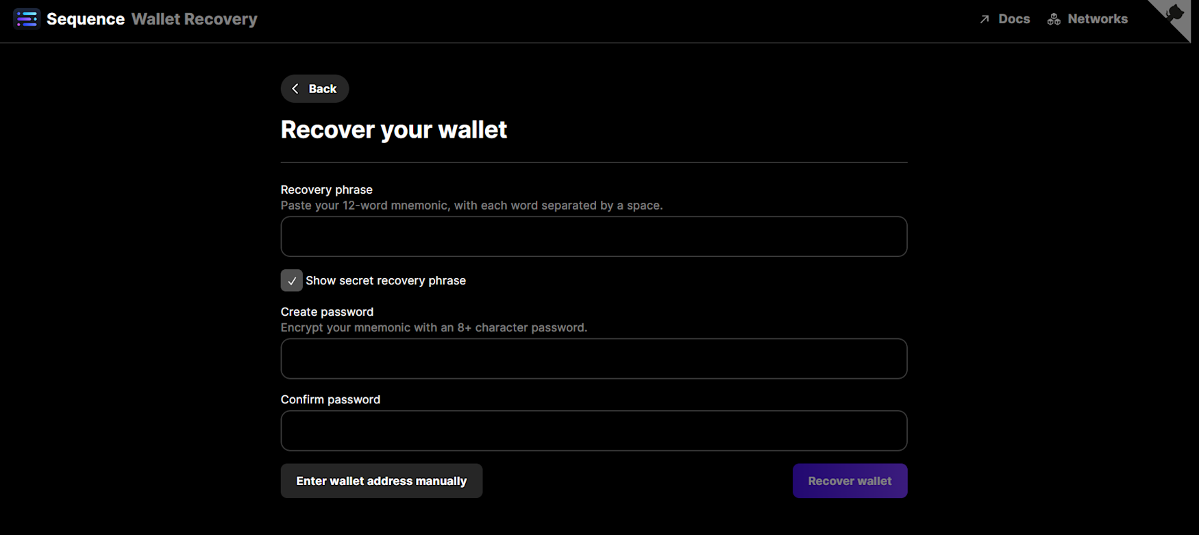 Sequence Wallet Recovery app interface