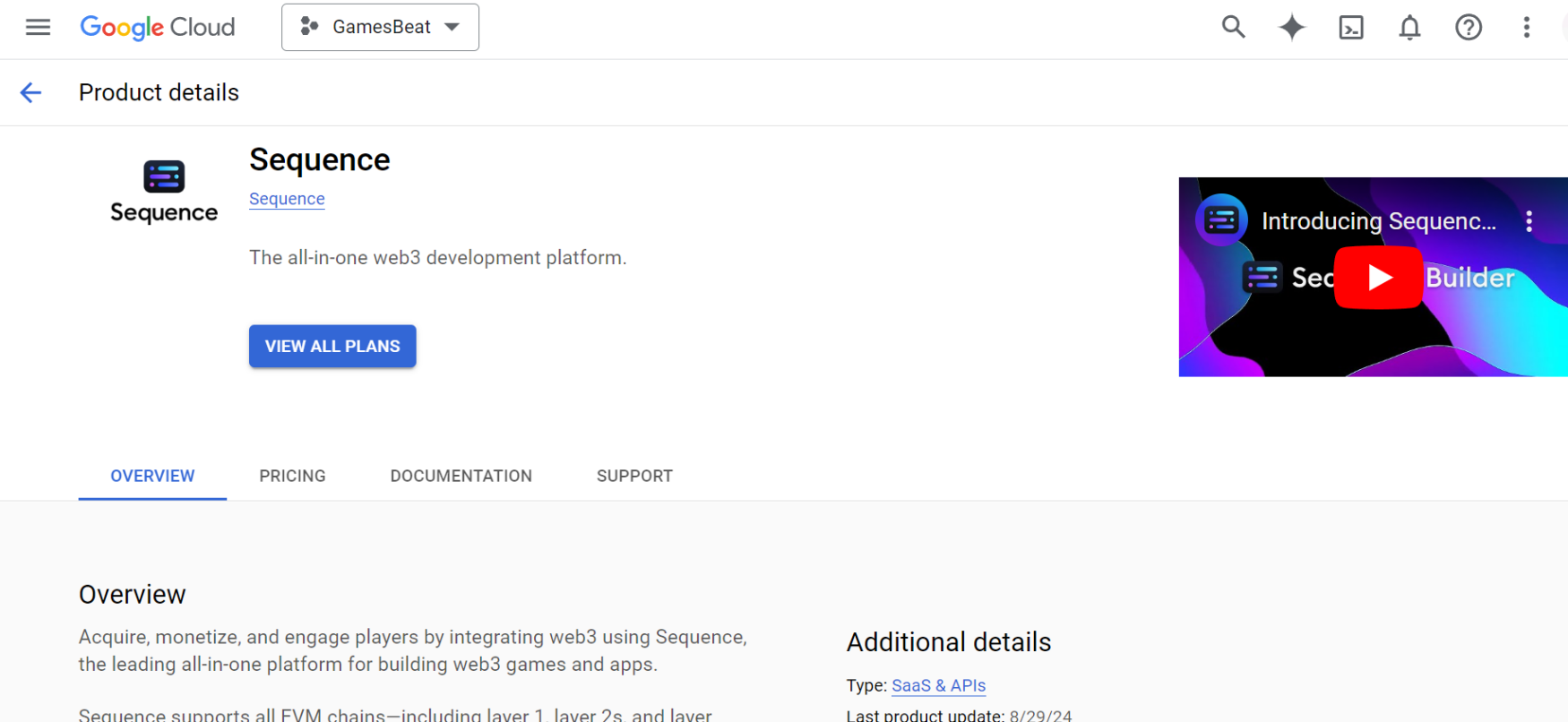 Sequence page on Google Cloud Marketplace