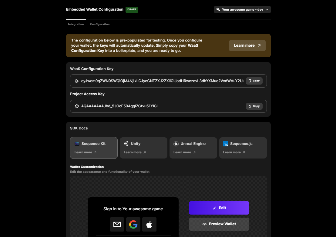 Embedded Wallet configuration within Sequence Builder