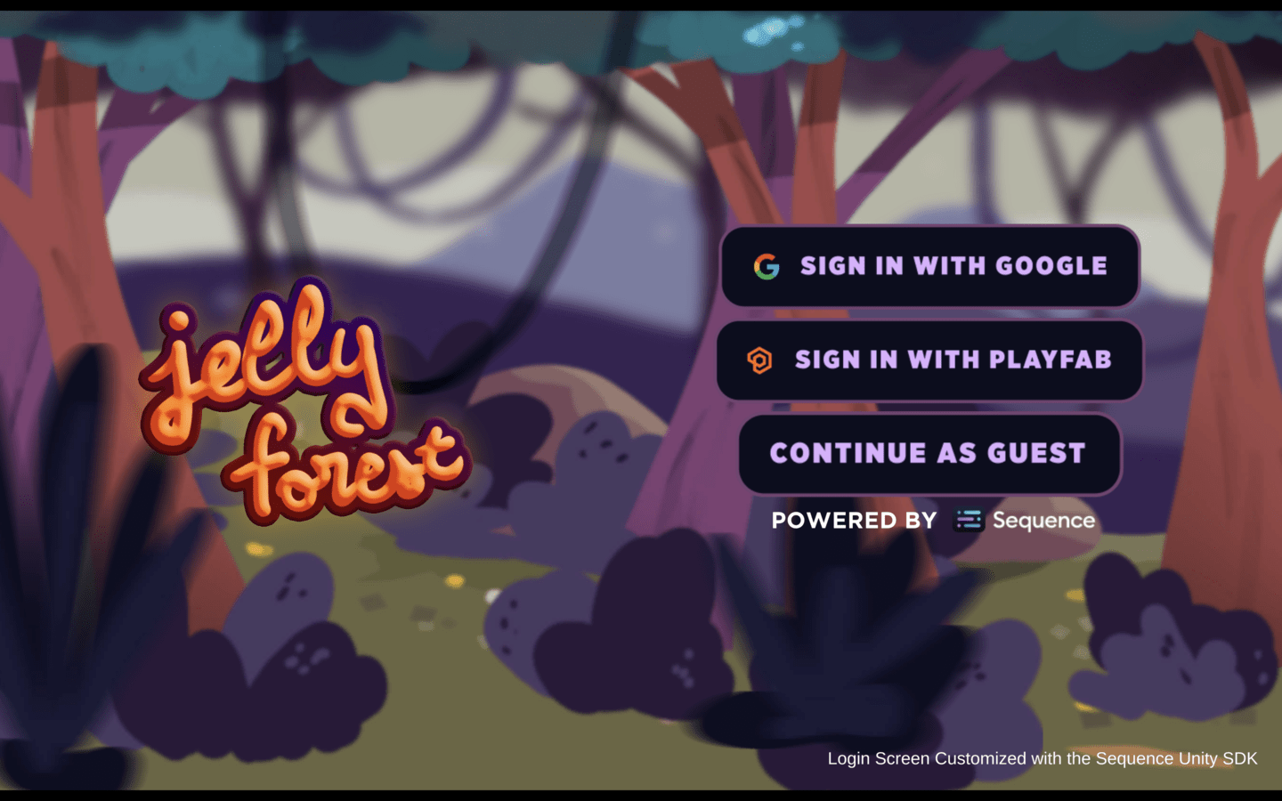 Unity-based Jelly Forest web3 game demo - login screen